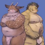 anthro asian_clothing belly big_belly blush bulge clothing duo east_asian_clothing fundoshi japanese_clothing kemono male overweight overweight_male underwear white_clothing white_fundoshi white_underwear yusan_137 tamacolle hitachi_(tamacolle) kazusa deer felid mammal pantherine tiger 1:1 2023