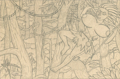 anthro areola big_breasts breasts clothed clothing exposed_breasts female forest holding_object holding_weapon jungle melee_weapon monotone_background nipples outside partially_clothed partially_clothed_anthro partially_clothed_female plant polearm solo spear tree weapon lobar ka_sarra mammal porcupine rodent hi_res line_art traditional_media_(artwork)