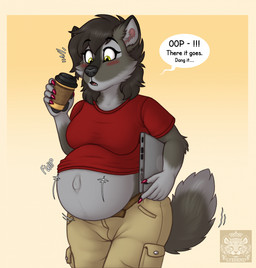 5_fingers anthro belly big_belly black_hair black_nose bottomwear breasts brown_body brown_fur claws clothing computer dialogue electronics female finger_claws fingers fur hair humanoid_hands laptop navel outie_navel pants pregnant pregnant_anthro pregnant_female shirt solo speech_bubble tail text topwear luca_lyesend bridgette_(geckoguy123456789) canid canine canis mammal wolf english_text hi_res
