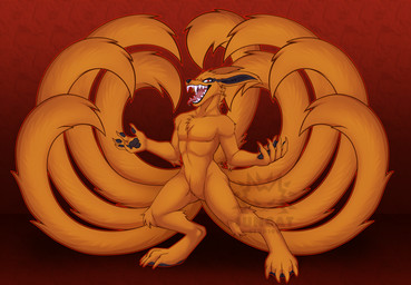 4_toes 5_fingers 8_tails anthro arm_tuft arms_out athletic athletic_anthro athletic_male biped black_lips black_markings black_nose black_pawpads bodily_fluids cheek_tuft chest_tuft claws curled_fingers digitigrade ear_tuft ears_back elbow_tuft evil_laugh eye_markings facial_tuft fangs featureless_crotch feet finger_claws fingers fur gradient_background head_tuft inner_ear_fluff knee_tuft leg_tuft lips logo long_tail looking_at_viewer male markings multi_tail nude open_mouth orange_body orange_fur outline pawpads paws pecs pivoted_ears pupils red_background red_eyes red_outline saliva sharp_teeth simple_background slit_pupils smile snout solo standing tail teeth text textured_background toe_claws toes tongue tongue_out tuft wide_stance citrinelle naruto kurama canid canine fox fox_spirit mammal tailed_beast 2025 artist_logo artist_name hi_res shaded soft_shading warm_colors watermark