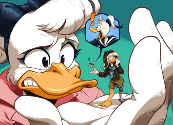 accessory anthro beak bow_ribbon extreme_size_difference eyeshadow feathers female group hair_accessory hair_bow hair_ribbon larger_female makeup male micro on_hand orange_beak prosthetic prosthetic_leg prosthetic_limb ribbons size_difference smaller_male stifled_laugh teal_eyeshadow trio white_body white_feathers worried silverscarf disney ducktales ducktales_(2017) daisy_duck della_duck donald_duck anatid anseriform avian bird duck 2025 hi_res brother_(lore) brother_and_sister_(lore) sibling_(lore) sister_(lore)