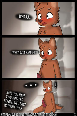 anthro aroused balls bed blush confusion dialogue dim_lighting embarrassed erection furniture genitals inaccurate_knotting looking_at_genitalia looking_at_penis male nipples nude offscreen_character on_bed open_mouth page_number penis sitting solo speech_bubble text young young_anthro imprettynormai sam_(imprettynormai) canid canine mammal 2:3 absurd_res comic english_text hi_res