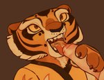 anthro bodily_fluids brown_background cheek_tuft claws clothing duo facial_tuft fellatio female foreskin fur genital_fluids genitals hand_on_penis happy happy_sex holding_penis looking_at_another looking_at_partner male male/female markings mouth_shot open_mouth oral orange_eyes paws penile penis penis_in_mouth sex simple_background smile smiling_at_another smiling_at_partner striped_body striped_fur striped_markings stripes tuft urine urine_in_mouth urine_on_tongue watersports yellow_sclera lanolin04 dreamworks kung_fu_panda master_tigress felid mammal pantherine hi_res