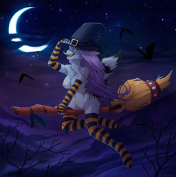 ambient_silhouette anthro armwear breasts broom broom_riding cleaning_tool clothed clothing dark elbow_gloves female fingerless_gloves fur genitals gloves group hair handwear hat headgear headwear holidays legwear looking_at_viewer magic_user moon mostly_nude night nipples open_mouth outside partially_clothed pattern_clothing pattern_legwear plant purple_hair silhouette sky solo_focus star starry_sky striped_clothing striped_legwear stripes tree vulva witch witch_hat hioshiru halloween ambient_bat ambient_flier bat canid canine mammal 2014 dark_theme digital_media_(artwork) shaded
