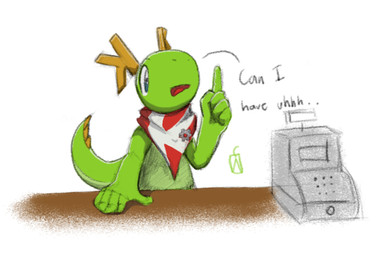 ambiguous_gender anthro blue_eyes cash_register gesture green_body hand_gesture kerchief neckerchief neckwear open_mouth raised_finger raised_index_finger red_kerchief red_neckerchief simple_background solo tail text white_background arctaxia kde mythology konqi dragon mythological_creature mythological_scalie scalie digital_media_(artwork) drawpile_(artwork) english_text male_(lore)