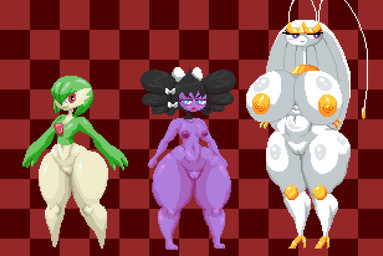 antennae_(anatomy) anthro areola belly big_areola big_breasts big_nipples black_hair blue_eyes breast_size_difference breasts checkered checkered_background crossed_arms female frown genitals green_hair group hair hair_over_eye huge_areola huge_breasts huge_nipples huge_thighs hyper hyper_breasts larger_female multicolored_body navel nipples nude one_eye_obstructed pattern_background purple_areola purple_body purple_eyes purple_nipples red_background red_eyes simple_background size_difference smaller_female smile thick_thighs two_tone_body vulva white_body wide_hips yellow_areola yellow_nipples spinneborg nintendo pokemon gardevoir generation_3_pokemon generation_5_pokemon generation_7_pokemon gothitelle pheromosa pokemon_(species) ultra_beast digital_media_(artwork) hi_res pixel_(artwork)