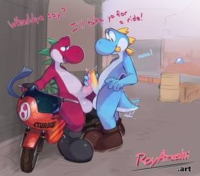 anthro balls biped blue_body detailed_background dialogue duo erection frottage genitals green_body male male/male motorcycle multicolored_body open_mouth p-switch penile penis penises_touching red_body sex spikes spikes_(anatomy) tail tail_motion tailwag text tongue vehicle yellow_body roy_arashi mario_bros nintendo turbo_(roy_arashi) cyan_yoshi red_yoshi yoshi absurd_res english_text hi_res