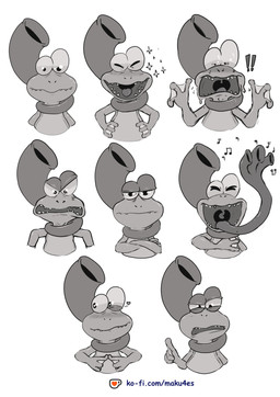angry anthro blush brass_instrument confusion heart_symbol laugh long_tongue male musical_instrument shocked shy smile solo text tongue tuba wind_instrument maku4es bandai_namco digimon digimon_(species) gekomon absurd_res expression_sheet hi_res url