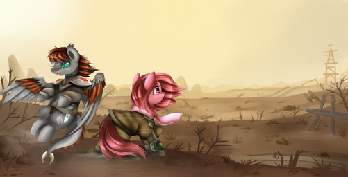 alternate_universe brown_hair cutie_mark day detailed_background duo female feral green_eyes hair hooves horn male outside pink_eyes pink_hair pip-boy wasteland wings pridark fallout fallout_equestria hasbro microsoft my_little_pony mythology fan_character equid equine hybrid mammal mythological_creature mythological_equine pegasus absurd_res hi_res