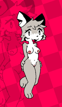 3_toes areola arm_tuft breasts checkered checkered_background cheek_tuft eyelashes facial_tuft feet female front_view fur genitals grey_body grey_fur hand_on_hip looking_at_viewer medium_breasts multicolored_body multicolored_fur navel nipples notched_ear nude nude_anthro nude_female open_mouth pattern_background pink_areola pink_background pink_nipples pink_vulva shoulder_tuft simple_background smile smiling_at_viewer solo standing thick_thighs toes tuft two_tone_body two_tone_fur vulva white_body white_fur pugzysixtyfour pugzy_(pugosixtyfour) canid canine canis coyote mammal digital_media_(artwork) hi_res pixel_(artwork)