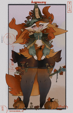 3_fingers 3_toes :3 anthro black_body black_fur black_nose blush cheek_tuft chest_tuft clothing dipstick_tail eyelashes facial_tuft feet female fingers food fruit fungus fur holding_pumpkin inner_ear_fluff legwear looking_at_viewer markings multicolored_body multicolored_fur mushroom open_mouth open_smile orange_body orange_eyes orange_fur plant pumpkin smile solo standing stick tail tail_markings thick_thighs thigh_highs toes tuft white_body white_fur wide_hips yellow_body yellow_fur sarifairy nintendo pokemon braixen generation_6_pokemon pokemon_(species) absurd_res digital_media_(artwork) hi_res