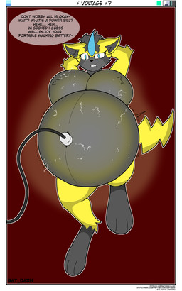 belly belly_expansion belly_inflation blue_eyes breasts dialogue expansion featureless_breasts female fur grey_body grey_fur grey_inner_ear hyper hyper_inflation inflation red_background simple_background speech_bubble text yellow_body yellow_ears yellow_fur bat_dash nintendo pokemon generation_7_pokemon legendary_pokemon pokemon_(species) zeraora 2025 5:8 absurd_res artist_name hi_res url