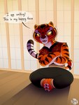 anthro clothing countershading crossed_arms dialogue fangs female fur inside looking_at_viewer orange_body orange_eyes orange_fur pupils sitting slit_pupils solo striped_body striped_fur stripes teeth text whiskers white_body white_fur yellow_sclera wispytuft dreamworks kung_fu_panda master_tigress felid mammal pantherine tiger 2022 3:4 absurd_res english_text hi_res