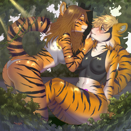 5_fingers anthro areola bangs bedroom_eyes belly belly_tattoo big_breasts big_butt biped black_body black_clothing black_fur black_markings black_stripes black_underwear blonde_hair blue_eyes breasts brown_hair butt cheek_tuft clothed clothing curvy_figure duo ear_markings ears_up facial_tuft female female/female finger_to_mouth fingers fluffy fluffy_tail forest forest_background fur green_background green_eyes grey_clothing grey_underwear hair inner_ear_fluff kneeling light light_beam markings mouth_closed narrowed_eyes nature nature_background navel nipple_outline orange_body orange_fur panties park partially_clothed plant romantic romantic_couple seductive shirt shrub simple_background sitting sitting_on_ground smile stripes sunbeam sunlight sunny tail tank_top tattoo teasing thick_thighs tight_clothing topwear tree tuft underwear white_body white_fur white_markings womb_tattoo kilka_k alecza_kolypsov felid mammal pantherine tiger 1:1 absurd_res hi_res