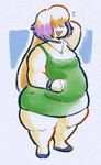 anthro blonde_hair blush blush_lines bodily_fluids bracelet clothed clothing crossdressing dress floppy_ears flying_sweatdrops footwear fur gradient_hair green_clothing green_dress hair hair_over_eyes hand_behind_head highlights_(coloring) jewelry lop_ears male necklace open_mouth overweight overweight_male purple_highlights shoes slippers solo standing sweat sweatdrop thick_thighs white_body white_fur wolfgirl9million clive_(wolfgirl9million) lagomorph leporid mammal rabbit 2025 hi_res traditional_media_(artwork)