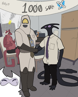 accessory ambiguous_gender anthro appliance battery chair clothing computer detailed_background electronics fire fridge furniture gas_mask gas_mask_face gesture gloves hand_feet hand_gesture handwear horn jumpsuit kitchen_appliance license looking_at_viewer male mask necktie office overweight overweight_anthro poster protective_suit smile suit table tail tail_hand text thumbs_up twitter_logo unusual_anatomy unusual_tail window dlrp99 twitter dlrp99_(dlrp99) oonyka_(dlrp99) alien felid grajolio humanoid mammal panthera pantherine 4:5 colored hi_res meme signature