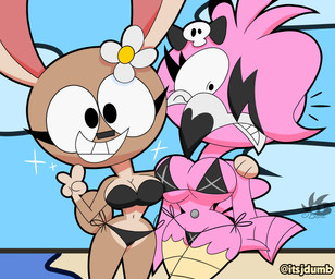 alternative_fashion anthro beach beak big_breasts big_eyes big_head bikini biped black_bikini black_bow_tie black_clothing black_swimwear bone bow_tie breasts brown_body brown_fur clenched_teeth clothed clothed_anthro clothed_female clothing cloud day duo feathers female fingers flower_on_head front_view frown fur gesture goth hand_gesture highlights_(coloring) humanoid_hands logo medium_breasts navel navel_piercing nervous non-mammal_breasts outside piercing pink_body pink_feathers sand skimpy skull sky smile standing swimwear teeth text thick_thighs two-piece_swimsuit v_sign water wide_hips jdone flamma sarena_(jdone) avian bird flamingo lagomorph leporid mammal rabbit 2024 absurd_res artist_logo artist_name colored digital_media_(artwork) hi_res portrait shaded three-quarter_portrait