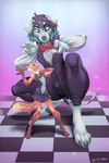 4_toes 5_fingers anthro black_hair blue_eyes bottomwear clothed clothing duo eyebrows eyelashes feet fingers hair marionette skirt smile toes wetsealky canid canine canis domestic_dog mammal 2022 absurd_res digital_media_(artwork) hi_res