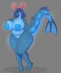 anthro big_breasts blue_body blue_hair blue_scales breasts female glowing glowing_horn glowing_markings hair horn markings purple_eyes scales solo tail reddrago mythology dragon mythological_creature mythological_scalie scalie absurd_res hi_res