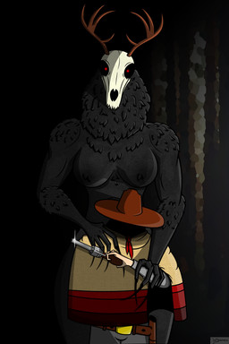 anthro antlers aura belt belt_buckle bone breasts buckle claws clothing duo fingers fluffy gun handgun hat headgear headwear holding_object holding_weapon holster horn naturally_censored nipple_tuft poncho pose ranged_weapon red_eyes revolver shaded_face simple_background skull standing_behind thick_fur tuft weapon majoridiocy american_mythology indigenous_north_american_mythology mythology north_american_mythology ludwig_(majoridiocy) nayelli_(majoridiocy) human mammal wendigo absurd_res hi_res