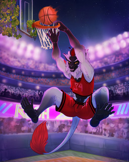 anthro ball barefoot basketball basketball_(ball) basketball_hoop basketball_jersey basketball_net basketball_shorts basketball_uniform black_body black_skin clothed clothing crowd detailed_background feet fully_clothed fur grey_nose group jumping male midriff navel night open_mouth open_smile orange_eyes outside playing_basketball playing_sport sky smile snout soles solo solo_focus sport sportswear stadium star tail tail_tuft teeth tuft uniform white_body white_fur chorny_vasiliok asnee haplorhine mammal monkey primate 2026 4:5 digital_drawing_(artwork) digital_media_(artwork) hi_res shaded