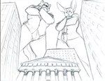 anthro bank building clothed clothing crossed_arms duo fur looming low-angle_view macro male smile smirk standing suit tail crux_(artist) conejito wendingo_(character) canid canine canis lagomorph leporid mammal rabbit wolf monochrome sketch