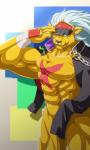 5_fingers abs abstract_background anthro areola bandage biceps big_biceps big_muscles biped black_clothing black_topwear blue_eyes bottomless chain cheek_tuft claws clothed clothing coat_cape convenient_censorship eye_scar facial_scar facial_tuft fingers fur fur_tuft grin hair hat headgear headwear humanoid_hands jacket leaf long_hair looking_at_viewer male manly muscular muscular_anthro muscular_male nipples object_in_mouth obliques partially_clothed pecs pink_nipples pose pupils quads scar seductive serratus sharp_teeth side_view slit_pupils smile snout solo standing teeth topwear tuft white_hair yellow_body yellow_fur broken_(artist) bandai_namco digimon bancholeomon digimon_(species) felid mammal cel_shading censored digital_media_(artwork) hi_res pinup shaded