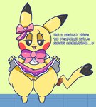 anthro black_eyes bottomwear bow_ribbon cleft_tail clothed clothing cosplay_pikachu_(costume) dialogue dipstick_ears dipstick_tail ear_markings ellipsis female genitals half-closed_eyes looking_at_viewer markings multicolored_ears narrowed_eyes no_underwear pupils pussy question_mark skirt solo tail tail_markings text thick_thighs white_pupils wide_hips yellow_body slem nintendo pokemon pikachu_pop_star generation_1_pokemon pikachu pokemon_(species) 2023 digital_media_(artwork) english_text