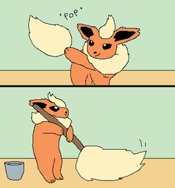 ambiguous_gender bucket cleaning cleaning_tool container detachable_tail floor humor mop onomatopoeia pop_(sound_effect) solo sound_effects tail text water water_bucket richard_roe nintendo pokemon eeveelution flareon generation_1_pokemon pokemon_(species) 2026 aliasing binary_drawing comic digital_drawing_(artwork) digital_media_(artwork) low_res