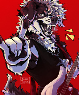anthro brown_body brown_fur chain_necklace chest_tuft claws clothing devil_horns_(gesture) ducktollers electric_guitar finger_claws floppy_ears fur gesture guitar hair hair_over_eye hand_gesture jewelry male musical_instrument necklace open_mouth pendant playing_guitar playing_music plucked_string_instrument red_background rockefeller_(redcadets) shirt simple_background solo string_instrument tail tank_top teeth topwear tuft white_body white_fur border_collie canid canine canis collie domestic_dog herding_dog mammal pastoral_dog sheepdog 5:6 digital_media_(artwork) half-length_portrait hi_res portrait signature