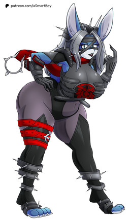 anthro blue_body blue_fur cosplay curvy_figure feet female fur lipstick makeup solo text toes wide_hips asmartboy anna_springfoot malice_(marvel) lagomorph leporid mammal rabbit hi_res url