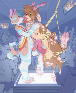 alcohol animal_genitalia animal_penis anthro antlers balls bar bdsm beverage bodily_fluids bondage bound canine_genitalia canine_penis dance_club dance_floor duo equine_genitalia equine_penis erection exhibitionism frottage genital_fluids genitals horn indoor_sex inside male male/male markings nipple_chain nipple_piercing nipples nude peeing peeing_on_another penile penis penises_touching piercing public public_nudity recording restraints rope rope_bondage sex size_difference small_dom_big_sub standing star_(marking) star_symbol urine watersports obrien_(artist) beau_(pink_hooves) mochi_(pink_hooves) canid canine deer mammal absurd_res hi_res