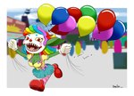 balloon breasts cleavage clothed clothing clown clown_makeup dual_holding female holding_balloon holding_object honk inflatable looking_at_viewer multi-word_onomatopoeia onomatopoeia running short_stack solo sound_effects text wig jdanieloart chispa_(jdanieloart) goblin humanoid absurd_res hi_res