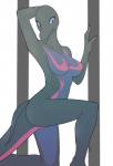 2018 anthro biped black_body blue_sclera breasts female generation_7_pokemon hand_behind_head hi_res kneeling navel nintendo nipples non-mammal_breasts nude on_one_knee pokemon pokemon_(species) pose pupils reptile salazzle scalie simple_background slit_pupils solo xan_(pixiv)