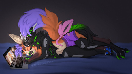 anthro computer cuddling duo electronics laptop male male/male conditional_dnp luckfoxo33 jasper_(pizzacow) bat canid canine fennec_fox fox mammal true_fox hi_res