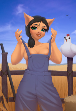 anthro big_breasts black_hair breasts clothing female green_eyes hair looking_at_viewer outside overalls overalls_only solo undressing yellow_body il'ka domestic_pig mammal suid suine sus_(pig) absurd_res hi_res