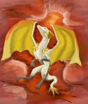 abstract_background ambiguous_gender black_claws claws feral grey_body membrane_(anatomy) membranous_wings multicolored_body solo white_body wings yellow_membrane zmeydragon_(artist) mythology dragon mythological_creature mythological_scalie scalie hi_res