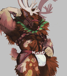 anthro antlers bell bulge candy candy_cane clothing dessert detailed_bulge flexing food fur harness holidays horn jockstrap looking_at_viewer male markings muscular muscular_male nub_tail solo spots spotted_body spotted_fur tail underwear carvarior christmas yaneks deer mammal new_world_deer reindeer hi_res