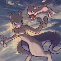 2_horns ambiguous_gender anthro berry biped blue_eyes bodily_fluids cloud cloudy_sky duo feral fingers floating food fruit holding_food holding_object horn light long_tail looking_at_another nude nude_anthro offering_food pink_body plant purple_tail question_mark sky sunlight sweat sweatdrop tail tapering_tail white_body dietranch nintendo pokemon domestic_cat felid feline felis generation_1_pokemon legendary_pokemon mammal mew_(pokemon) mewtwo pokemon_(species) 2026 shaded signature