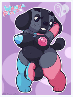 anthro areola armwear balls bedroom_eyes belly big_balls big_breasts big_nipples big_penis breasts choker clothing cock_sock collar dialogue elbow_gloves eyebrows flaccid floppy_ears footwear fur genitals glistening glistening_balls glistening_breasts glistening_genitalia gloves grey_body grey_fur gynomorph hands_behind_head handwear heart_symbol huge_balls huge_breasts huge_nipples humanoid_genitalia humanoid_penis intersex jewelry leggings legwear looking_at_viewer mismatched_nipples mostly_nude mostly_nude_anthro mostly_nude_gynomorph mostly_nude_intersex multicolored_body multicolored_clothing multicolored_fur narrowed_eyes navel necklace nipples outline overweight overweight_intersex penis penis_clothing pose puffy_areola purple_background seductive shortstack shortstack_gynomorph shortstack_intersex simple_background slightly_chubby smile smiling_at_viewer socks solo stockings talking_to_viewer text thick_calves thick_eyebrows thick_thighs thigh_highs two_tone_body two_tone_clothing two_tone_fur white_outline wide_hips thisnameistaken nintendo nintendo_switch switch_dog animate_inanimate canid canine canis domestic_dog mammal 2022 digital_media_(artwork) english_text hi_res pinup