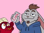 anthro beverage beverage_can clothing coca-cola derp_eyes draw_over duo ember_(loppearlink) facial_piercing female fur grey_body grey_fur hi_res hoodie hotlegs101_art kobold lagomorph leporid link_(loppearlink) male male/female mammal meme nose_piercing nose_ring piercing rabbit red_body red_scales ring_piercing scales septum_piercing septum_ring simple_background soda the_simpsons topwear