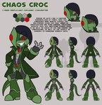 anthro black_body black_hair black_sclera clothing coat evil_grin featureless_crotch green_body green_clothing green_coat green_topwear grey_body hair machine male multicolored_body one_eye_obstructed smile solo text topwear chaoscroc sega sonic_the_hedgehog_(series) chaos_croc fan_character reptile robot scalie 2024 english_text hi_res model_sheet story