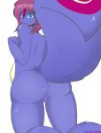 2017 anthro blue_body blue_fur breasts butt female fluffbug fur genitals hair hand_on_breast happy hi_res mammal mephitid presenting presenting_hindquarters presenting_pussy purple_hair pussy rear_view shy side_boob simple_background skunk slightly_chubby smile solo tan_body tan_fur white_background