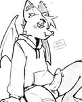 anthro bodily_fluids bottomless clothed clothing ear_piercing erection eyeshadow facial_piercing genital_fluids industrial_piercing looking_at_viewer makeup male nose_piercing piercing precum septum_piercing sitting solo sweatshirt sweatshirt_only wings nocneko bat mammal hi_res monochrome