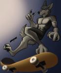 abs anthro biceps brown_eyes claws fur looking_at_viewer male muscular muscular_anthro muscular_male nude pawpads paws pecs simple_background skateboard skating smile solo vehicle zeym canid canine canis mammal wolf 2019 digital_media_(artwork) hi_res