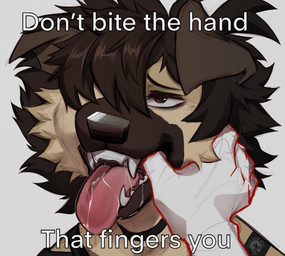 ambiguous_gender anthro black_hair bodily_fluids brown_body brown_fur choker disembodied_hand drooling duo fangs female finger_in_mouth fish_hooking floppy_ears fur hair hair_over_eye jewelry mawplay mouth_play necklace saliva teeth text thumb_in_mouth tongue tongue_out excaliburwolf mya_(excaliburwolf) puppygirl_(excaliburwolf) canid canine canis domestic_dog german_shepherd herding_dog mammal pastoral_dog bust_portrait english_text hi_res portrait