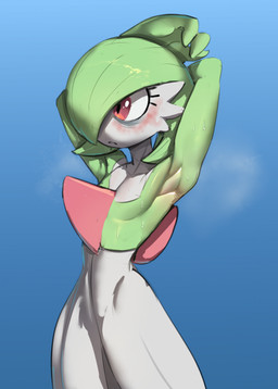 ambiguous_gender armpit_showing bodily_fluids chest_spike flat_chested green_hair hair raised_arms solo spikes spikes_(anatomy) standing sweat white_body white_skin gekasso nintendo pokemon gardevoir generation_3_pokemon humanoid pokemon_(species) hi_res female_(lore)