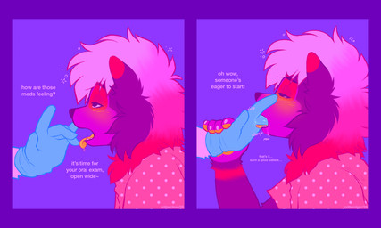 ambiguous_gender anthro blush blush_lines bodily_fluids clothing disembodied_hand doctor drooling drugged duo finger_in_mouth finger_suck fur gloves gown handwear hospital_gown lidded_eyes male male/ambiguous male_anthro medical medical_examination medical_gloves medical_play mouth_play open_mouth oral oral_examination oral_penetration patient patient_gown penetration pink_body pink_fur purple_background purple_body purple_fur questionable_consent saliva simple_background substance_intoxication sucking text tired tired_eyes tongue tongue_out unprofessional_behavior critterclinic canid canine canis domestic_dog mammal pomeranian spitz 2026 comic english_text hi_res nonbinary_(lore)