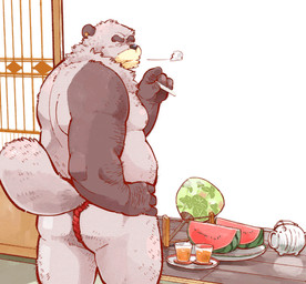 anthro asian_clothing belly beverage butt clothing east_asian_clothing food fruit fundoshi humanoid_hands japanese_clothing male melon moobs nipples overweight overweight_anthro overweight_male plant smoking solo underwear watermelon garouzuki canid canine mammal raccoon_dog tanuki 2014 low_res