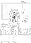 3_eyes 4_ears anatomical_diagram anthro bottomwear clothing doctor's_office examination_room examination_table feet hoodie jacket male multi_ear multi_eye pants pawpads shirt sitting soles solo speech_bubble text topwear siranuikawu canid canine mammal chinese_text monochrome